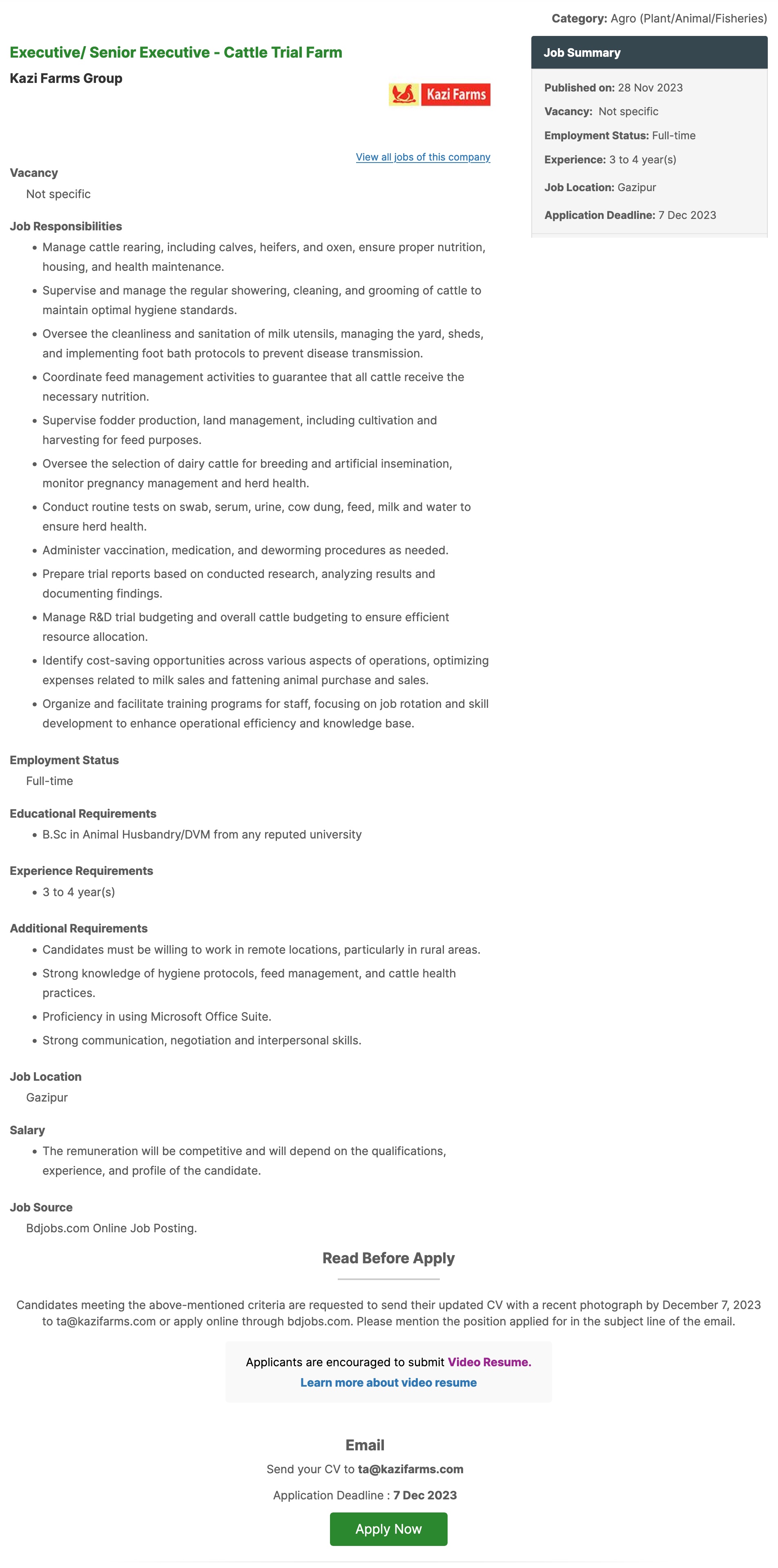 Kazi Farms Group Job Circular 2023