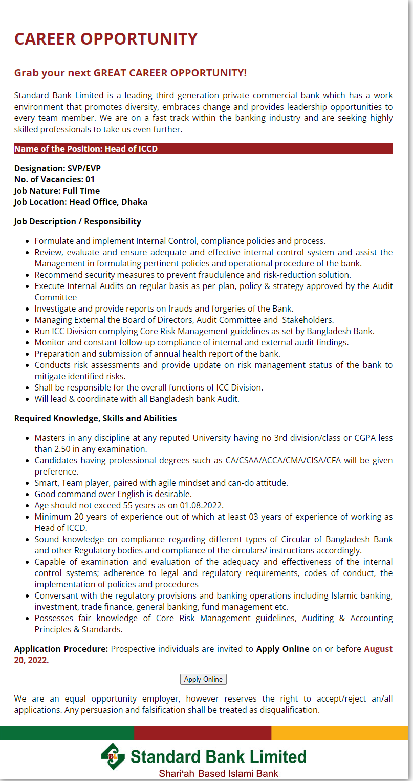 Standard Bank Limited Job Circular 2022 Apply online