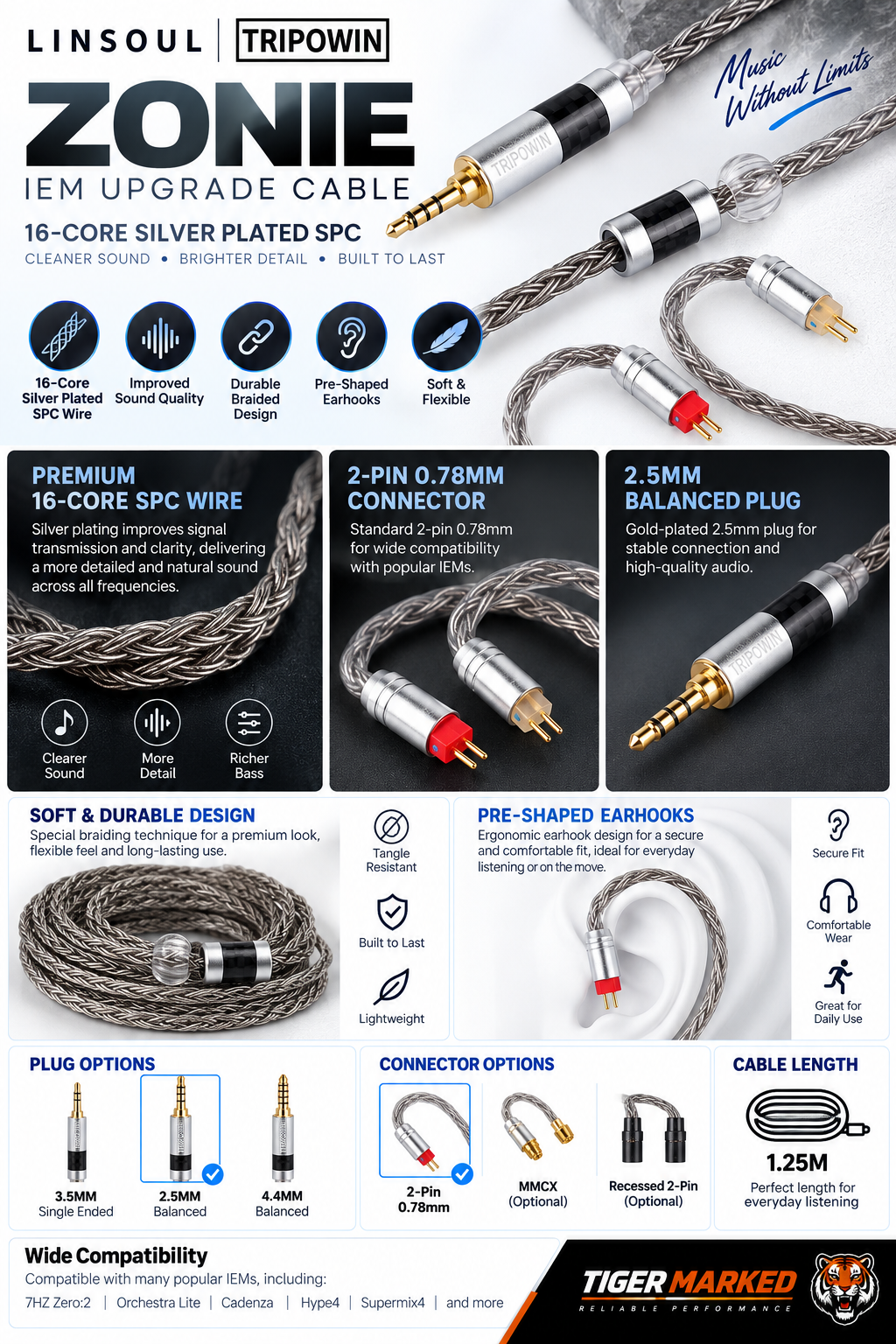 Tripowin Zonie 16-core silver-plated SPC IEM upgrade cable