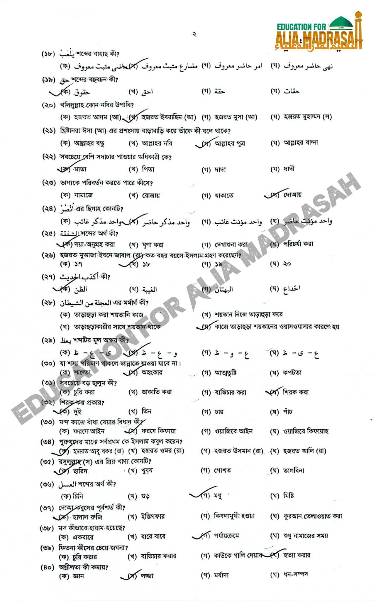 দাখিল হাদিস শরিফ পরীক্ষার প্রশ্ন ও সমাধান ২০২৬ PDF
