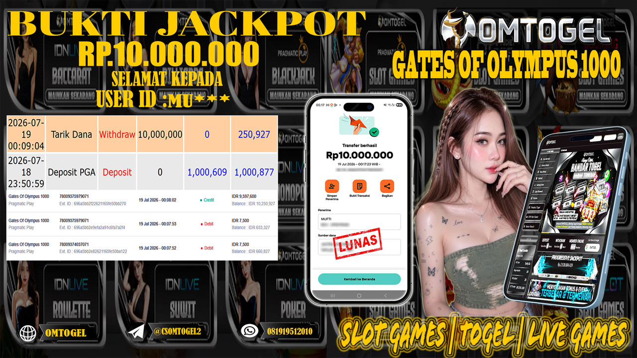 OMTOGEL JACKPOT PRAGMATICPLAY GATES OF OLYMPUS  Rp,10,000,000,- DIBAYAR LUNAS
