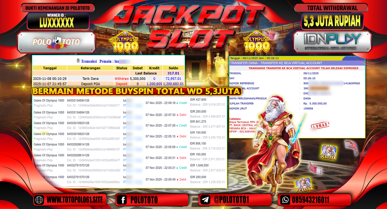 POLOTOTO JACKPOT SLOT GATES OF OLYMPUS 1000 Rp.5.300.000,- LUNAS
