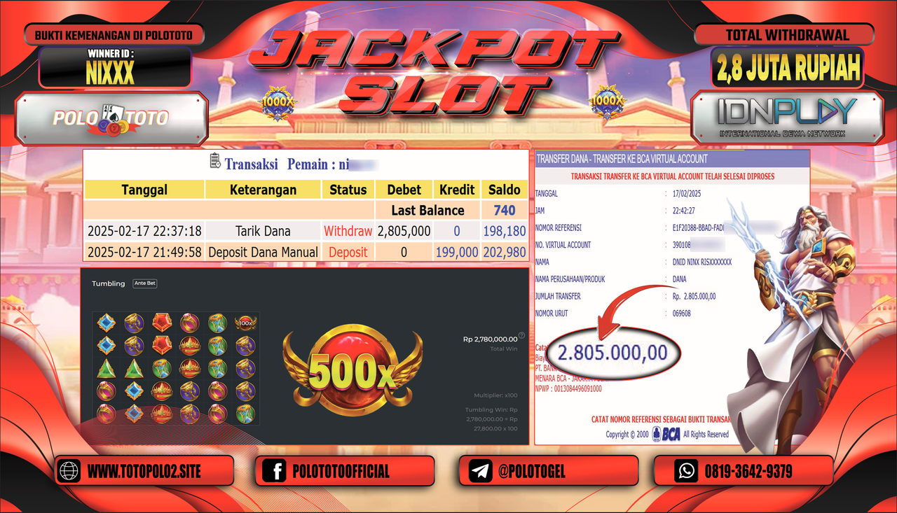 POLOTOTO JACKPOT SLOT GATES OF OLYMPUS Rp.2.805.000,-