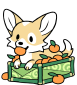 An orange corgi sitting in a box of clementines