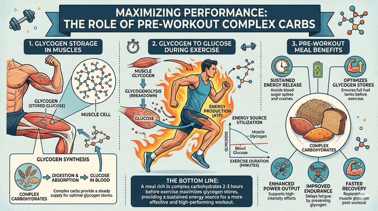 Diagram showing glycogen storage in muscles and conversion to glucose during exercise for pre-workout meal benefits of complex carbs