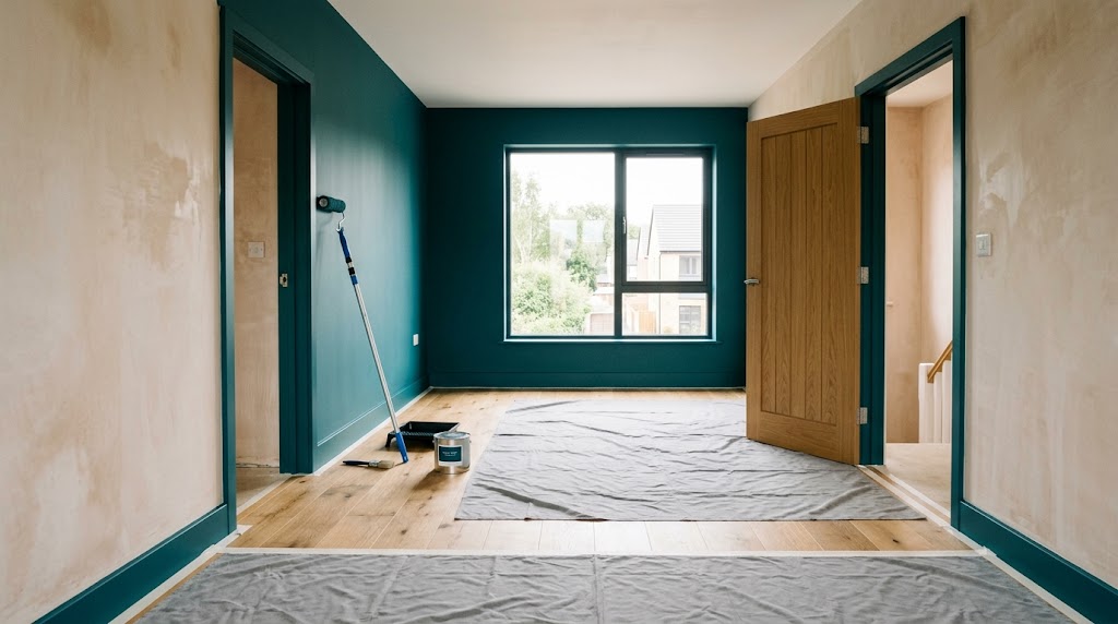 An empty modern UK bedroom mid-decoration with carefully masked engineered oak flooring and a peacock blue feature wall — Home Style takes pride in preparation