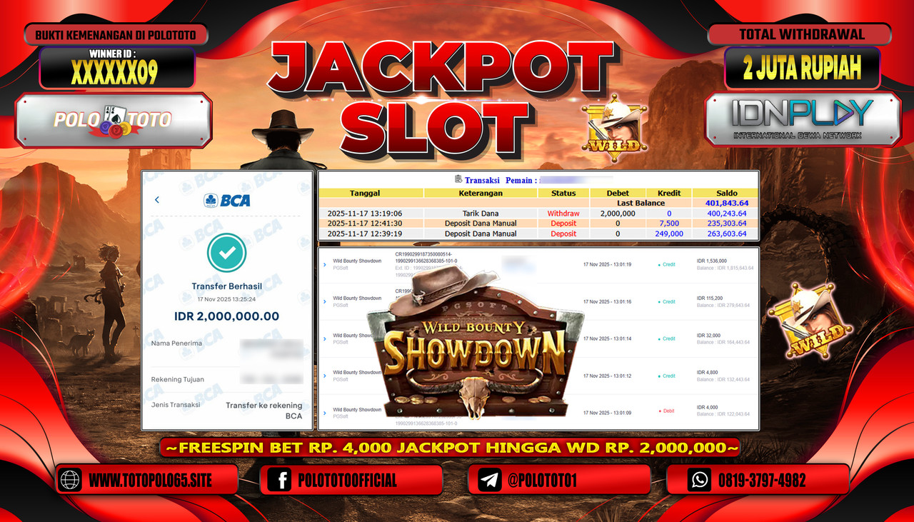 POLOTOTO JACKPOT SLOT WILD BOUNTY SHOWDOWN Rp.2.000.000,- LUNAS