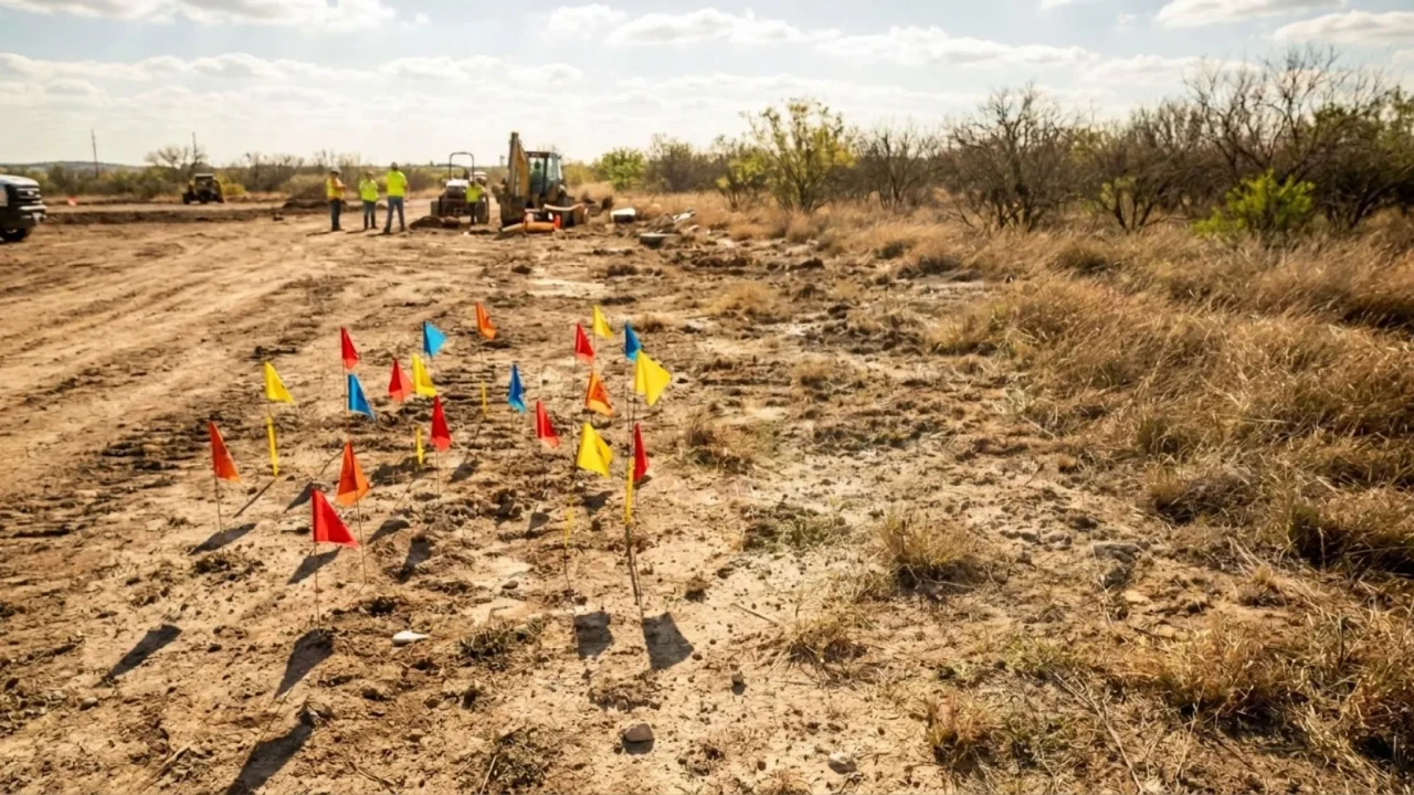 Colored utility marking flags placed in a San Antonio residential backyard after an 811 call — Texas law requires calling 811 at least two business days before any concrete patio excavation, even on your own property