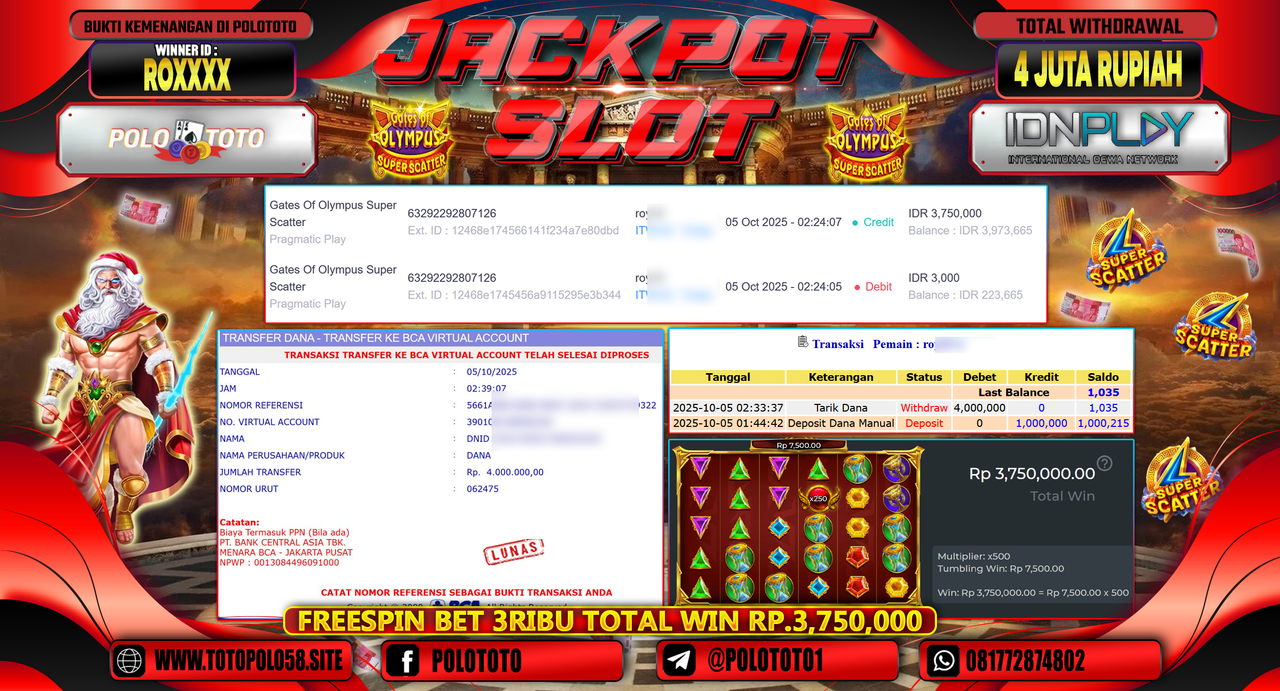 POLOTOTO JACKPOT SLOT GATES OF OLYMPUS SUPER SCATTER Rp.4.000.000,- LUNAS