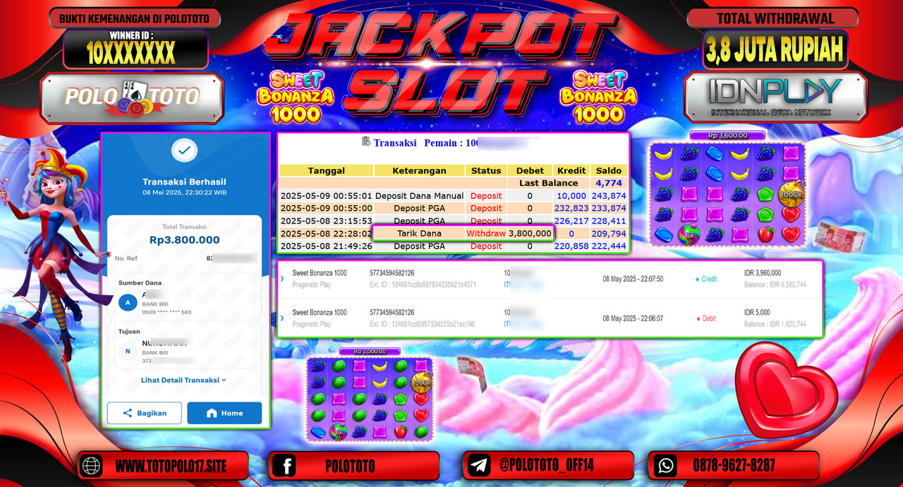 POLOTOTO JACKPOT SLOT SWEET BONANZA 1000 Rp.3.800.000,-