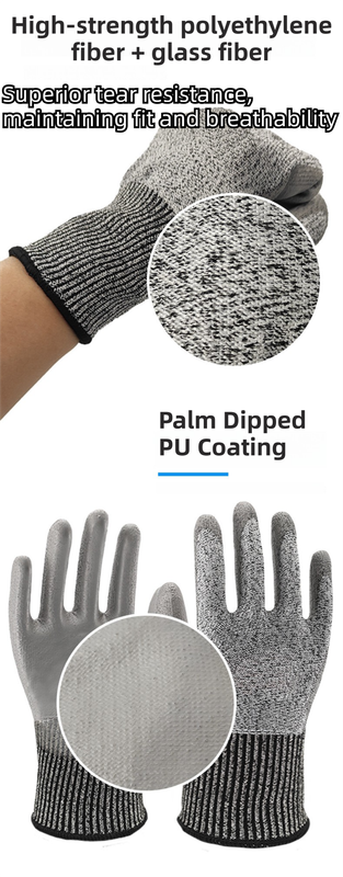 2-Pair Grey Level 5 Cut Resistant Work Glove - Anti-Abrasion & Anti-Puncture Protective Gloves (M Size)