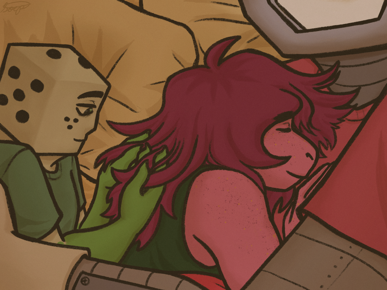 An image of Battat, Susie and Tenna from Deltarune. They are laying in bed, Susie is hugged to Tenna's chest while Battat brushes her hair with his fingers. They look peaceful.