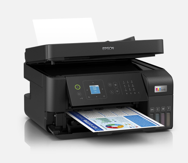 Impresora multifuncional Epson EcoTank L5590 con pantalla LCD y alimentador de documentos.