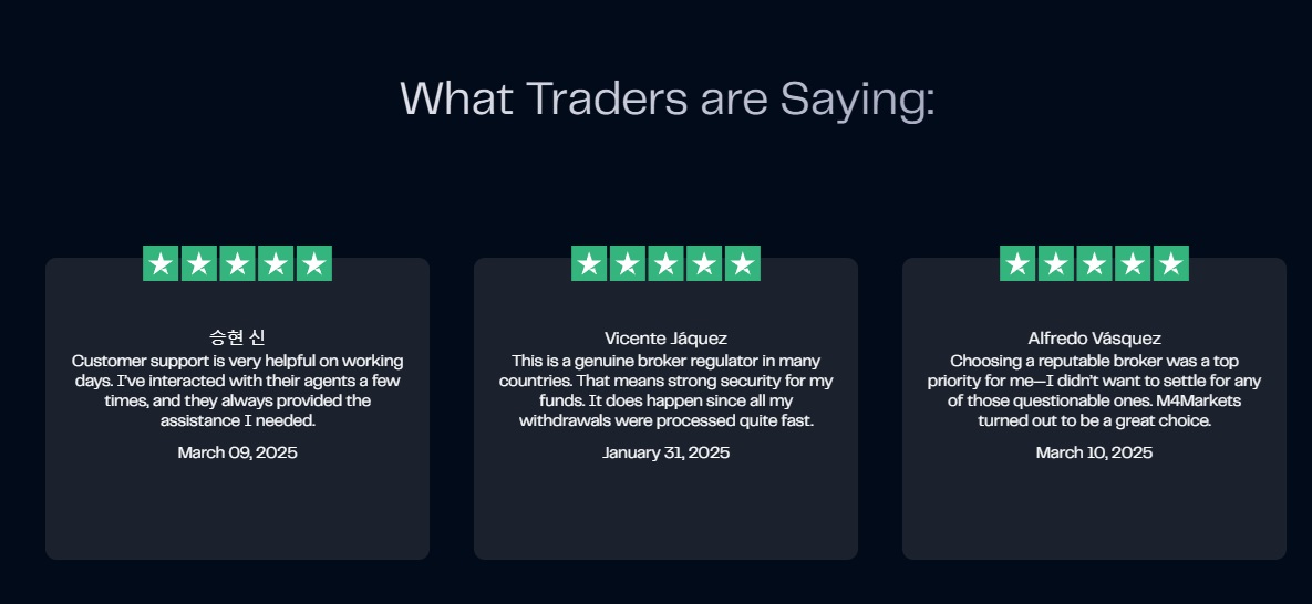 M4Markets trader reviews showing positive client feedback and five star ratings.