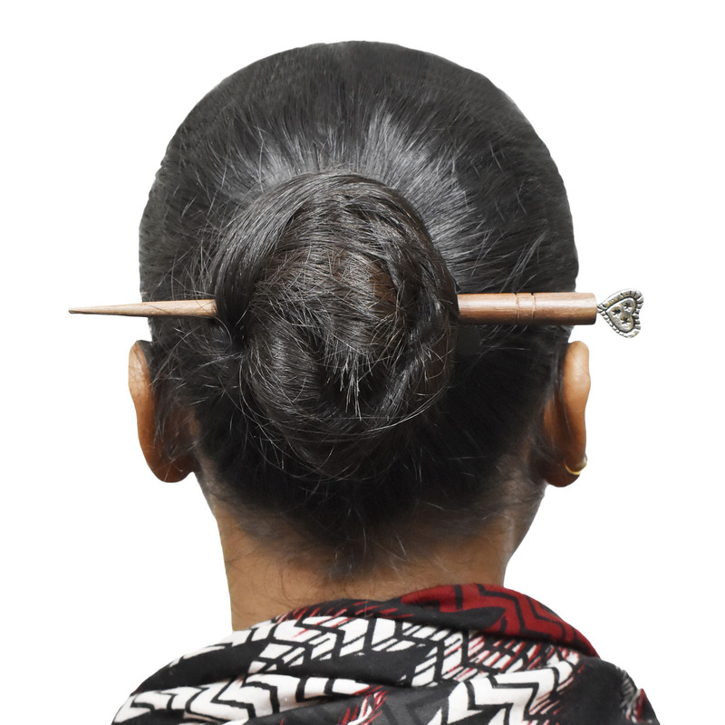 Women Juda Hair Pin Wood & Metal Handmade Beautiful Design Traditional Stick Pin - Picture 3 of 40
