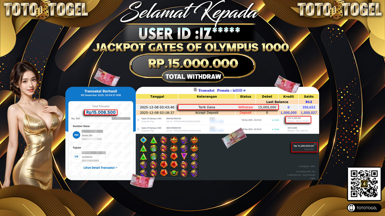 Bukti Pembayaran Jackpot Permainan Slot Gates Of Olympus 1000 ID:IZ***** LUNAS