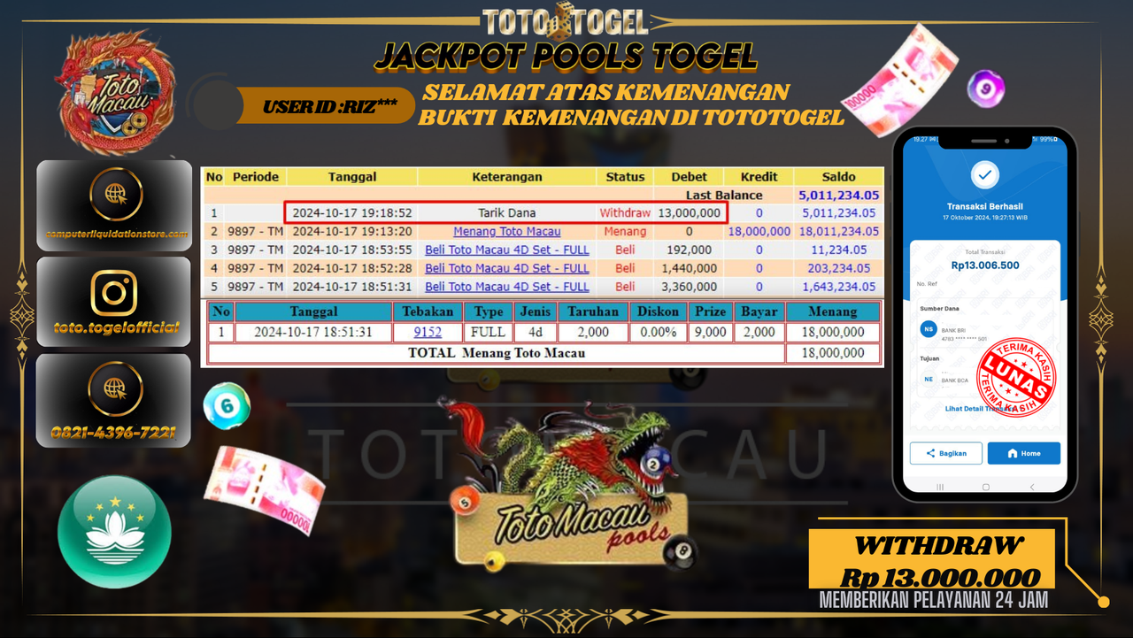 Bukti Kemenangan Permainan Pools Togel Toto Macau ID : RIZ*** Terbayar Lunas!!