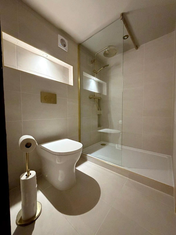 Rustic ensuite with toilet, shower, niche, and brass details