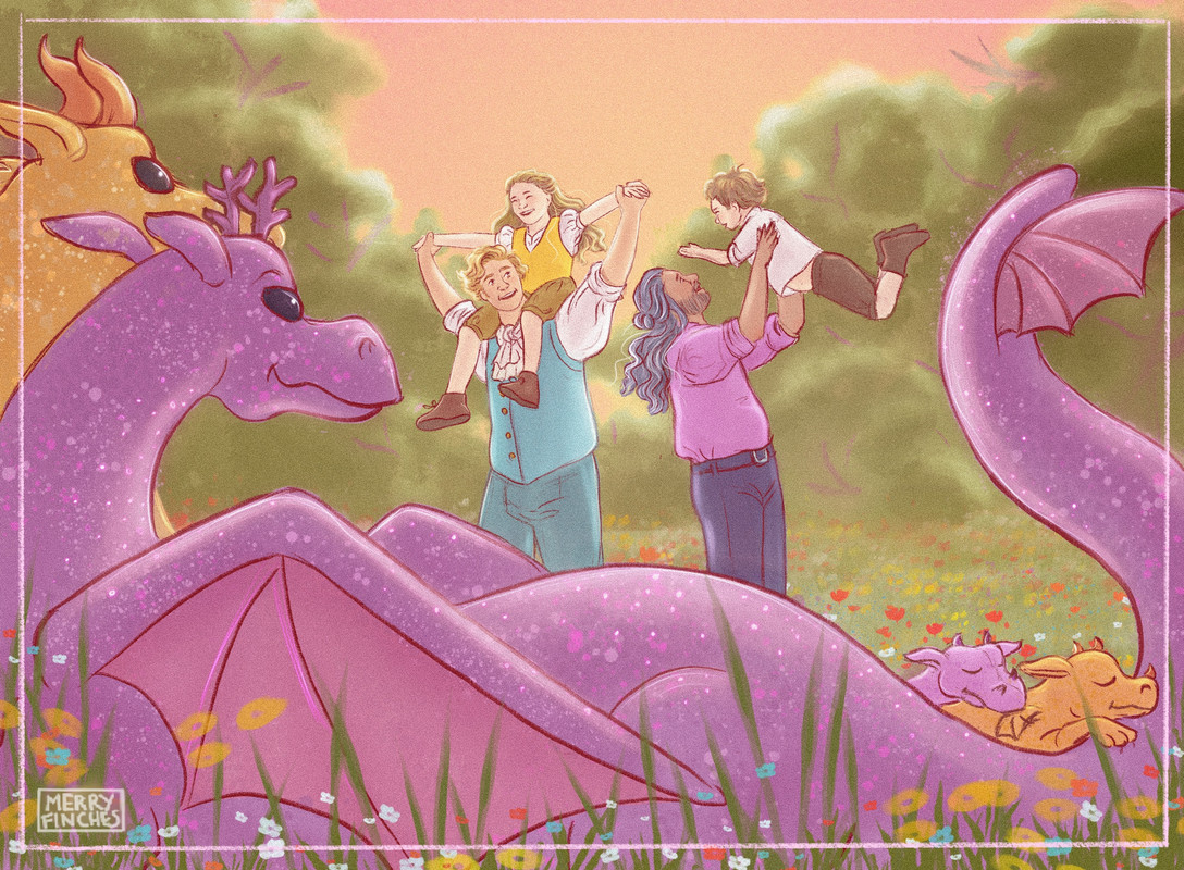 Art by MerryFinches. Queen Anne and Arthur watch on as Ed and Stede play with Alma and Louis. Alma is on Stede's shoulders, and Ed is lifting Louis, spinning him around. Two little hatchlings are snuggled up with Queen Anne, their heads resting on her tail. 