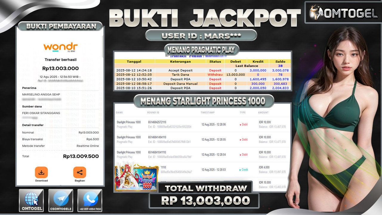 OMTOGEL JACKPOT PRAGMATIC PLAY STARLIGHT PRINCESS 1000 13 JUTA DI BAYAR LUNAS ,-