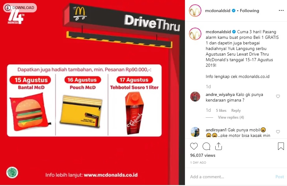 Hadiah tambahan untuk pembelian minimal Rp 90 ribu di McDonalds.