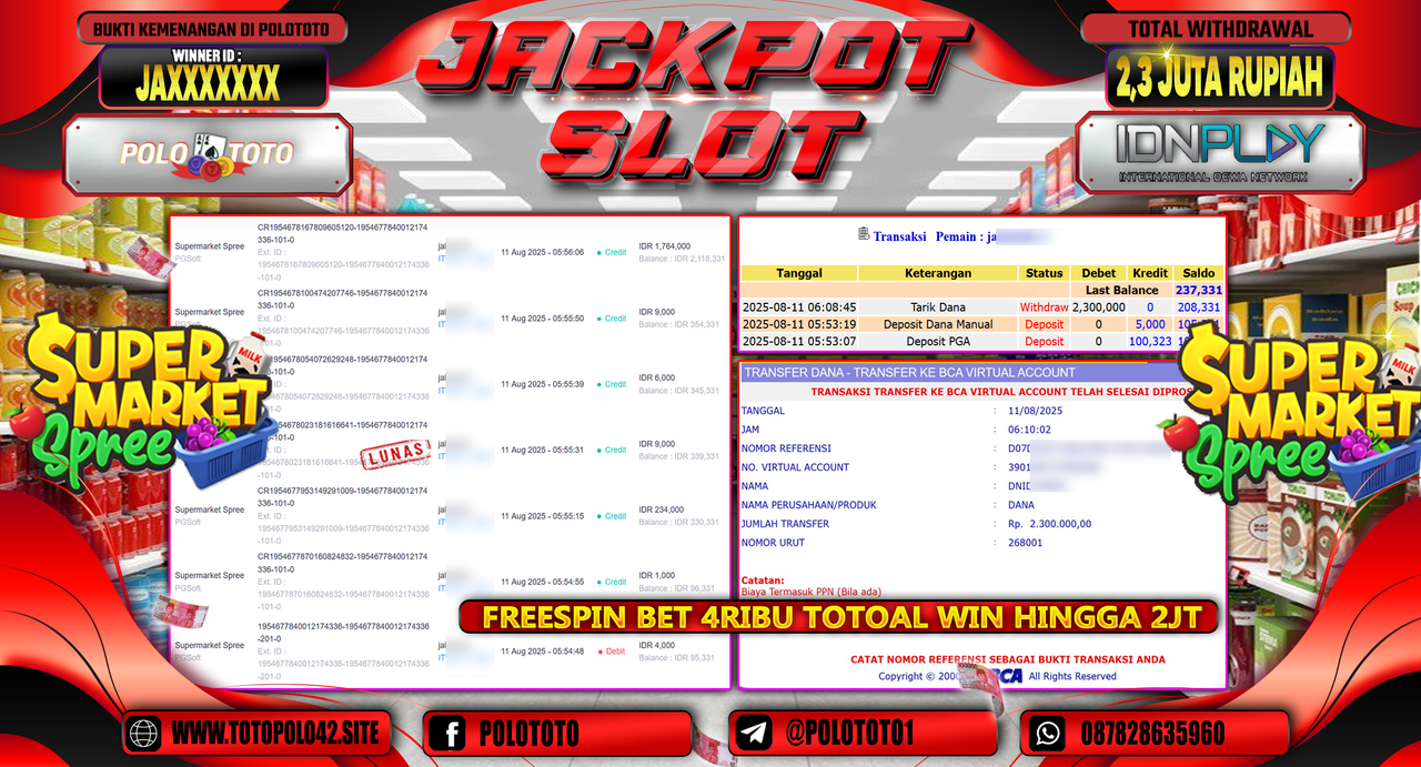 POLOTOTO JACKPOT SLOT SUPERMARKET SPREE Rp..2.300.000,-LUNAS