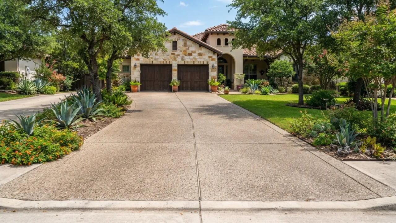 Well-maintained concrete driveway in San Antonio showing good aging after 20 years with regular sealing