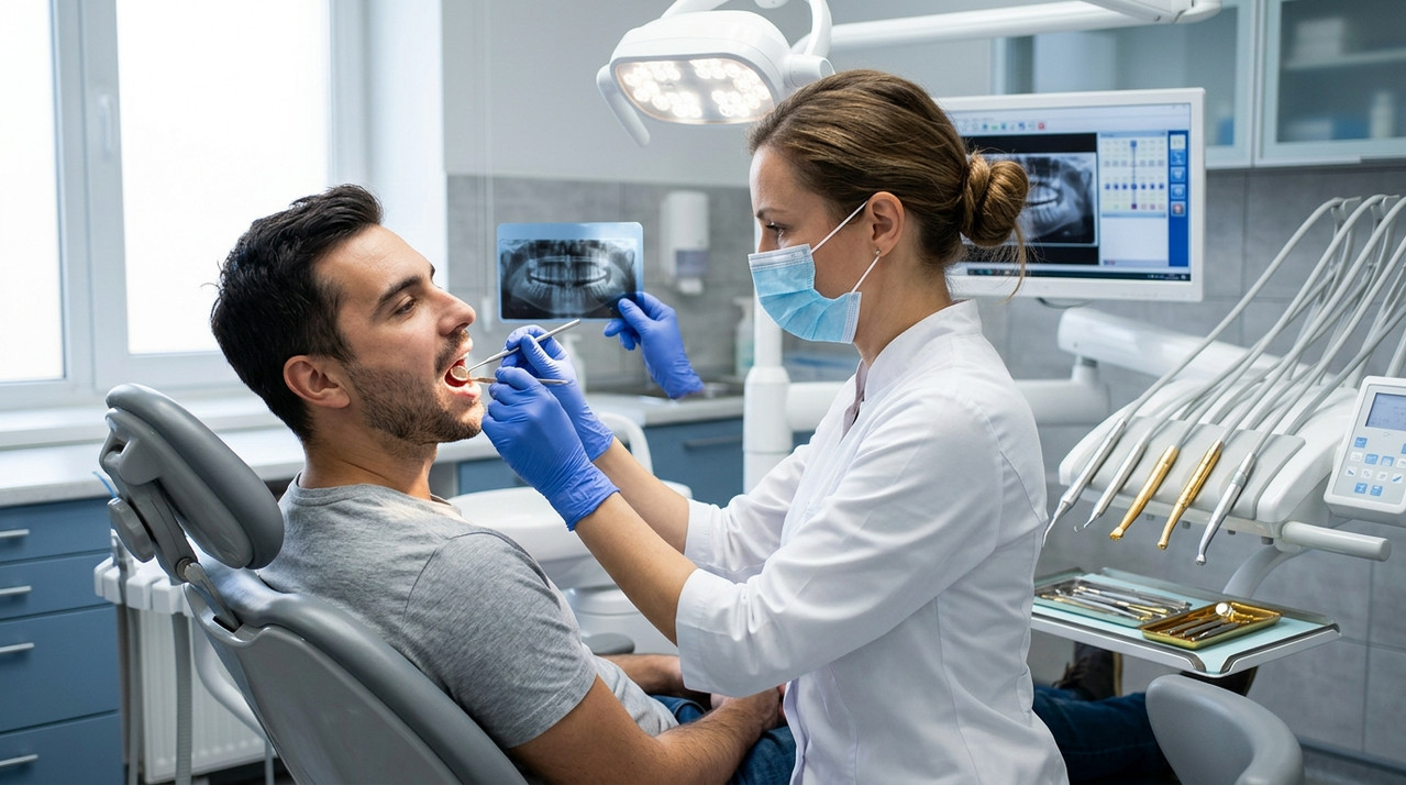 Пациент на стоматологическом осмотре с рентгеновским снимком зубов