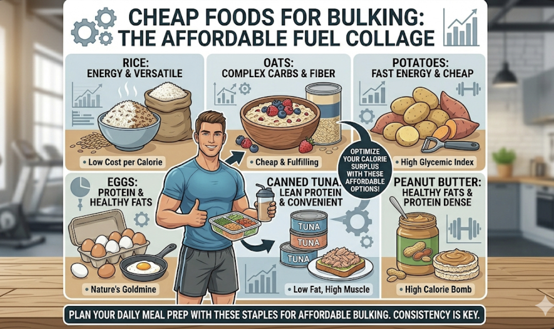 Budget bulking foods collage showing rice, eggs, oats, peanut butter, potatoes, canned tuna for affordable muscle gain