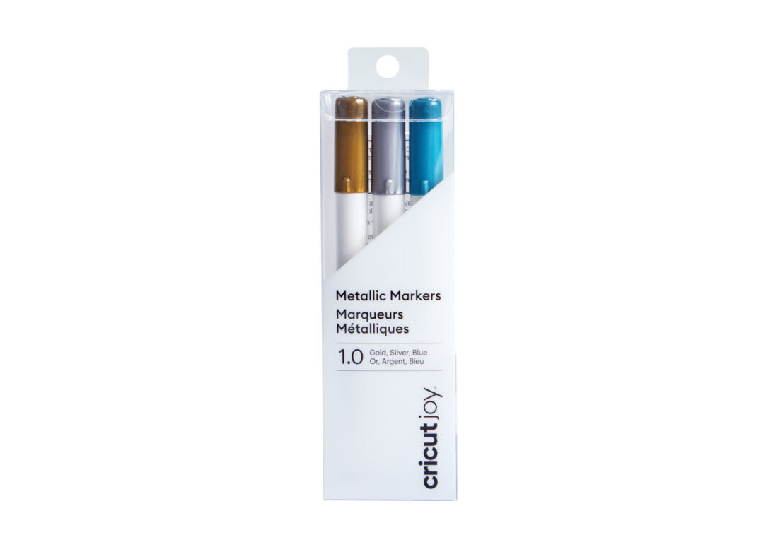 Paquete de tres rotuladores metálicos para Cricut Joy en dorado, plateado y azul.