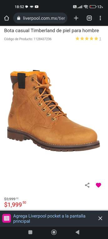 Liverpool: Bota timberland a 50% de descuento 
