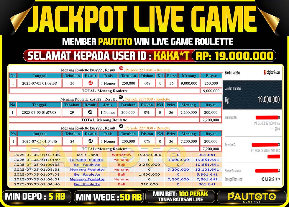BUKTI PEMBAYARAN TGL 5 JULY 2025 MENANG DI PERMAINAN LIVE GAME ROULETTE TOTAL WD 19 JUTA