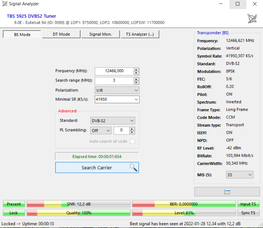 EUTELSAT 9B 12466v signal 12.2dB