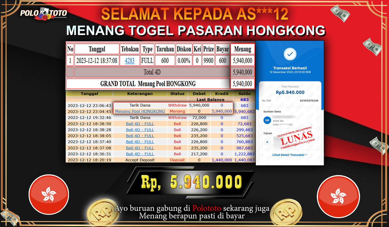 BUKTI PEMBAYARAN JACKPOT DIPOLOTOTO DIBAYAR LUNAS!!!