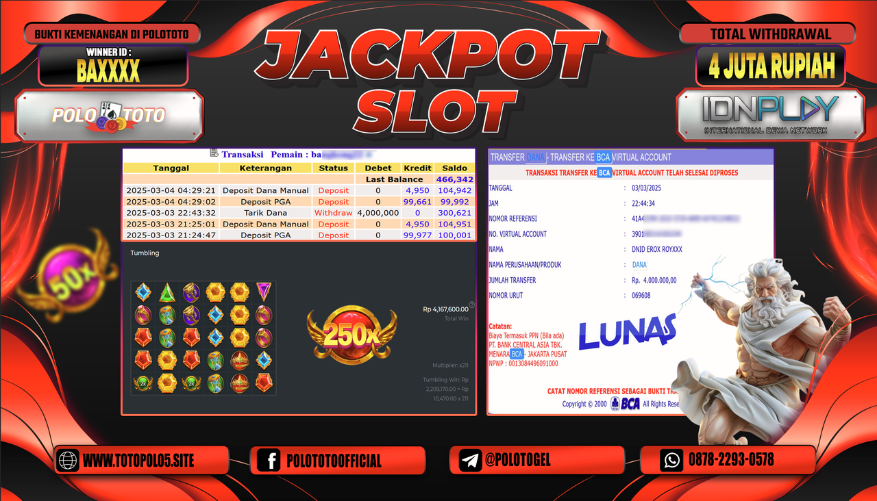 POLOTOTO JACKPOT SLOT GATES OF OLYMPUS Rp.4.500.000,-