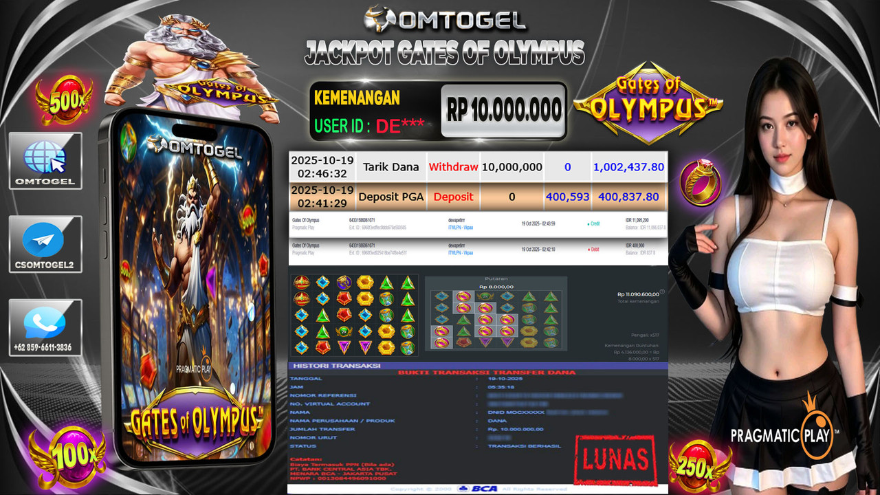 OMTOGEL JACKPOT PRAGMATIC PLAY GATES OF OLYMPUS 10 JUTA DI BAYAR LUNAS ,-
