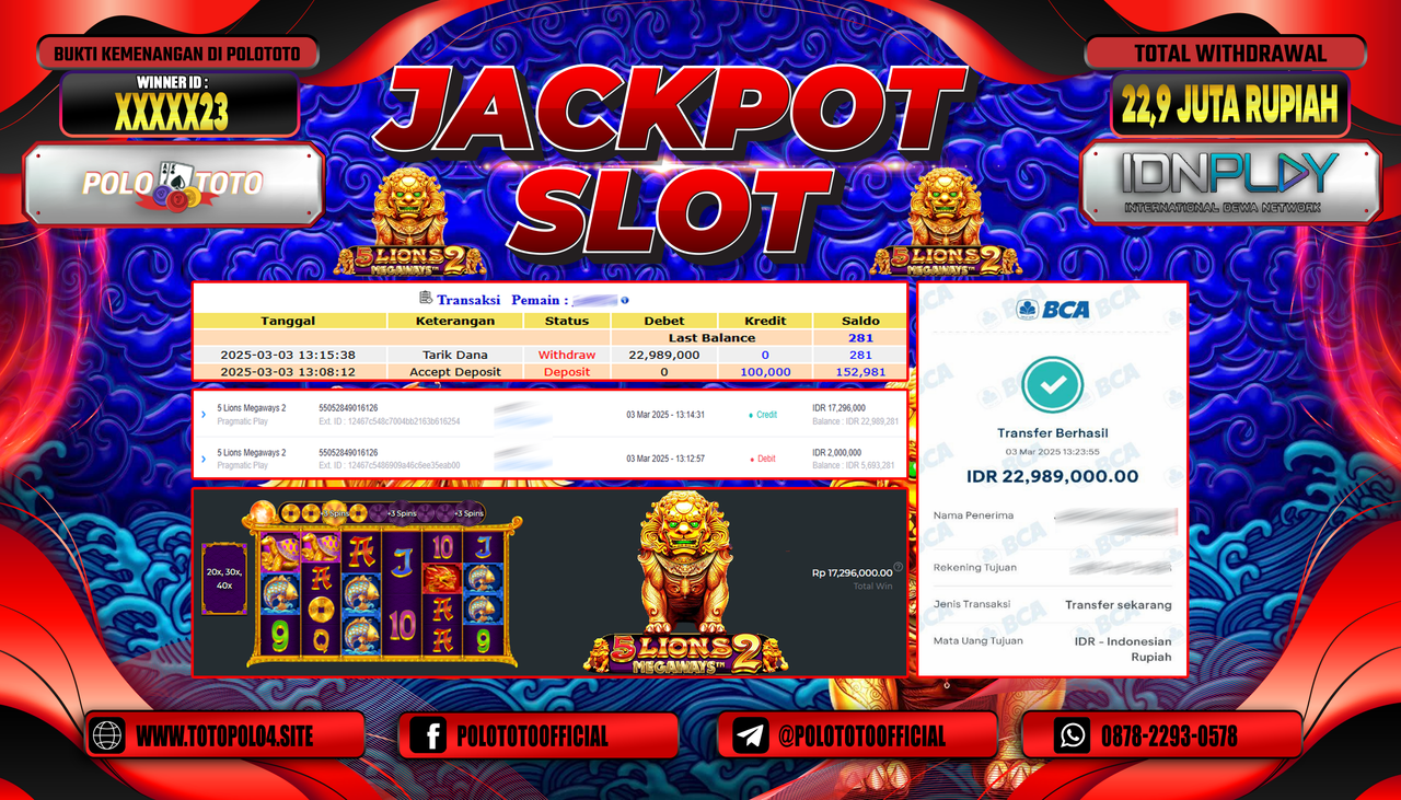POLOTOTO JACKPOT SLOT 5 LIONS MEGAWAYS 2 Rp.22.989.000,-