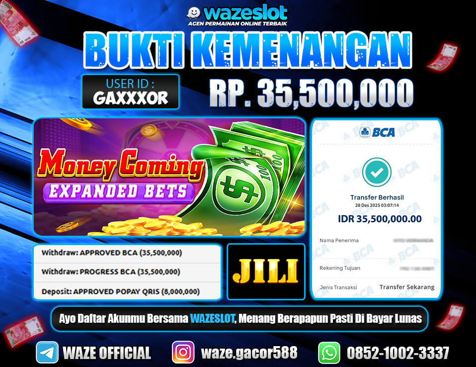 BUKTI KEMENANGAN 28 DESEMBER 2025 GAME MONEY COMING (JILI)