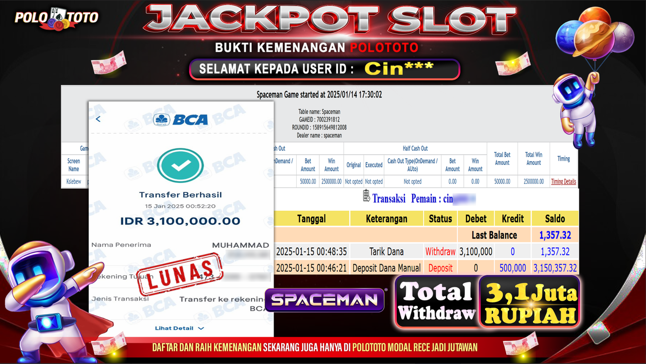 POLOTOTO JACKPOT SLOT SPACEMAN Rp.3,100.000,-
