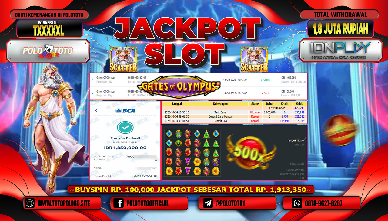 POLOTOTO JACKPOT SLOT GATES OF OLYMPUS 1000 Rp.1.800.000,- LUNAS