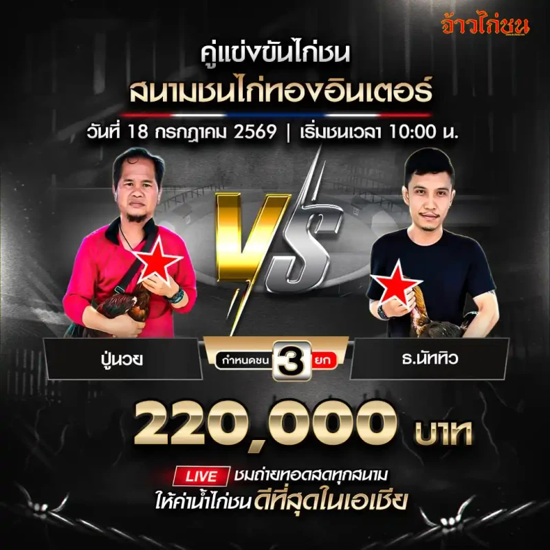 โปรแกรมไก่ชน สนามชนไก่ทองอินเตอร์ 18 กรกฎาคม 2569 ปู่นวย พบ ธ.นัททิว