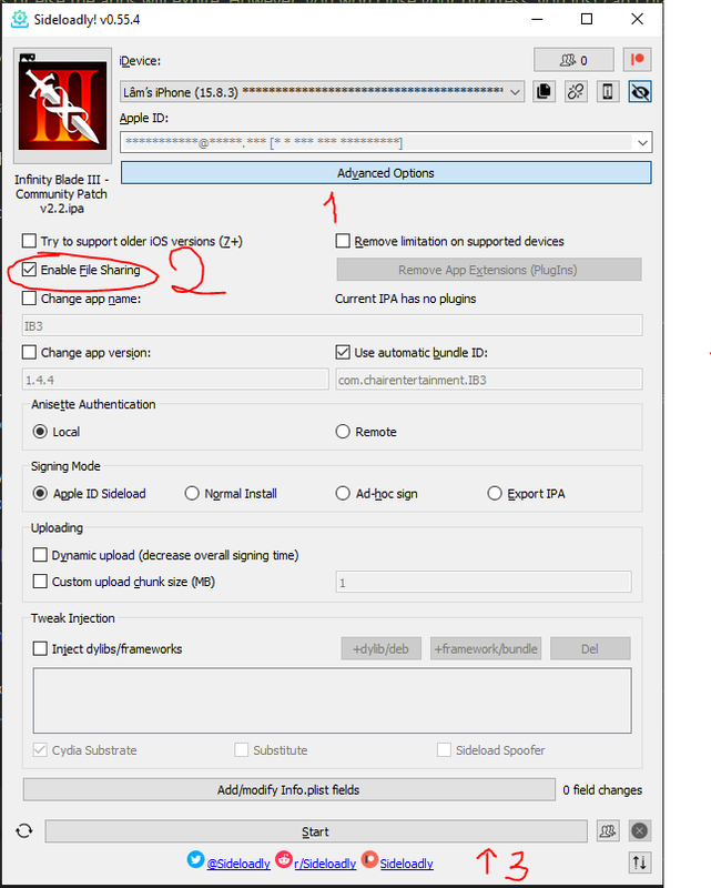 Sideloadly select IPA and enable File Sharing