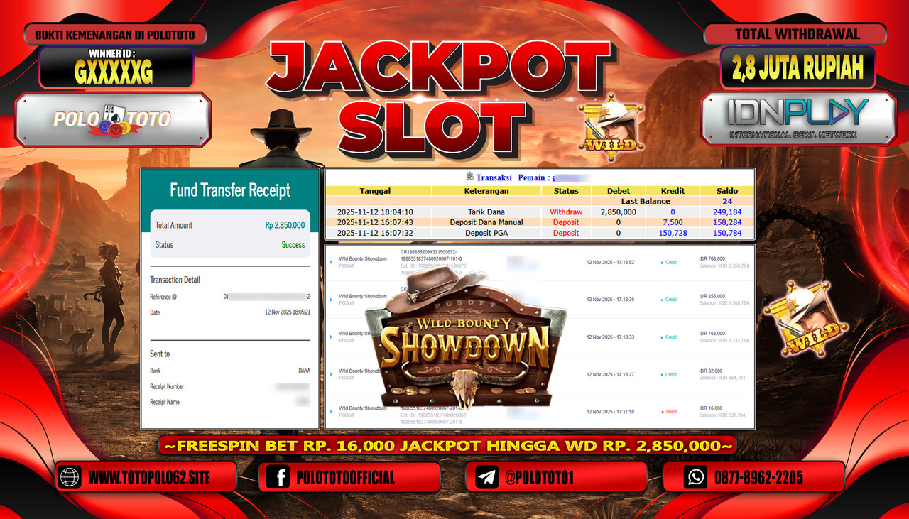 POLOTOTO JACKPOT SLOT WILD BOUNTY SHOWDOWN Rp.2.800.000,- LUNAS