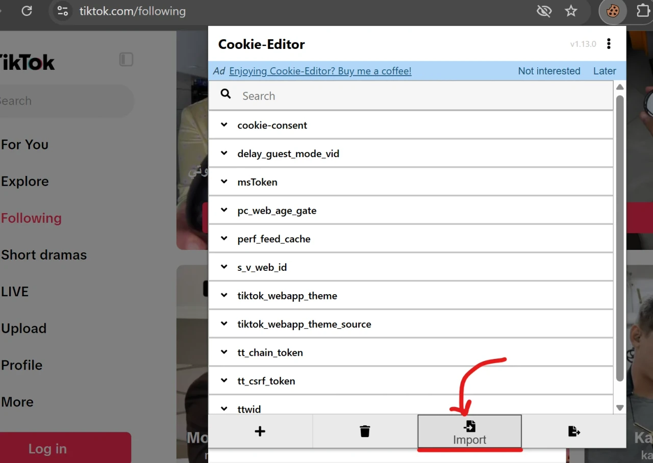 Кнопка Import в Cookie Editor