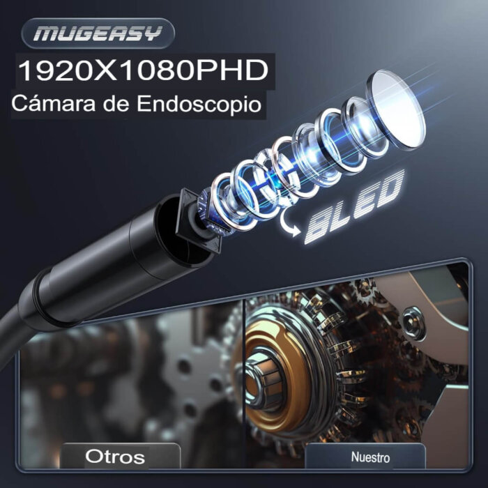 Una cámara endoscópica con una pantalla IPS adjunta, mostrando una imagen de alta resolución de una tubería o espacio confinado.