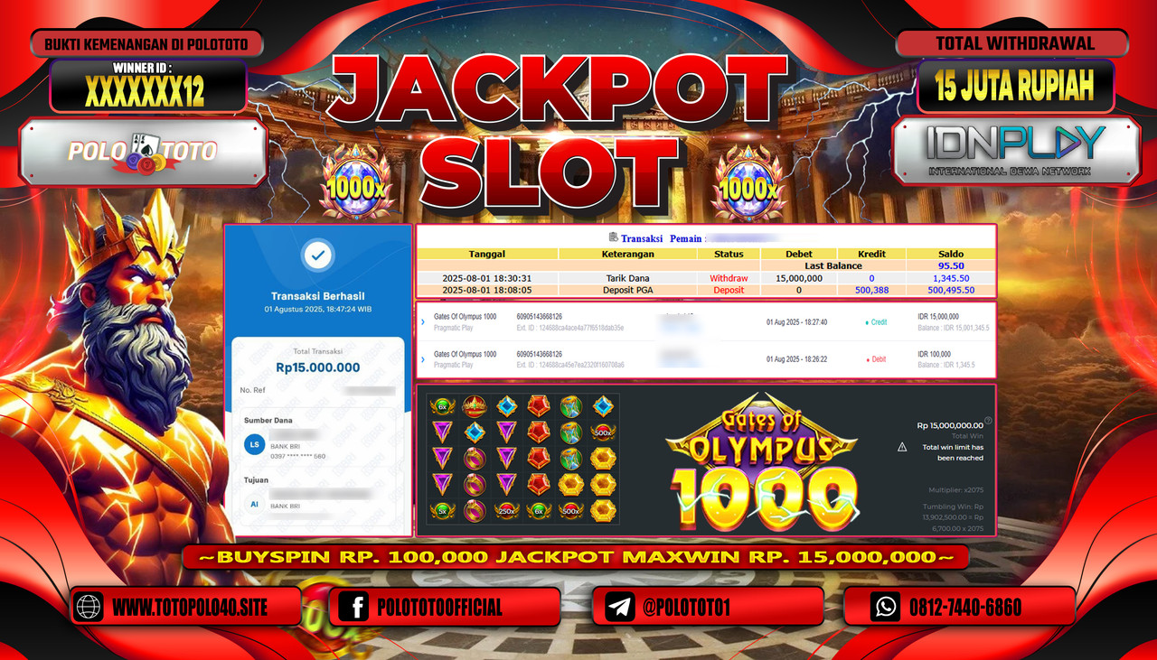 POLOTOTO JACKPOT SLOT GATES OF OLYMPUS 1000 Rp.15.000.000,-LUNAS