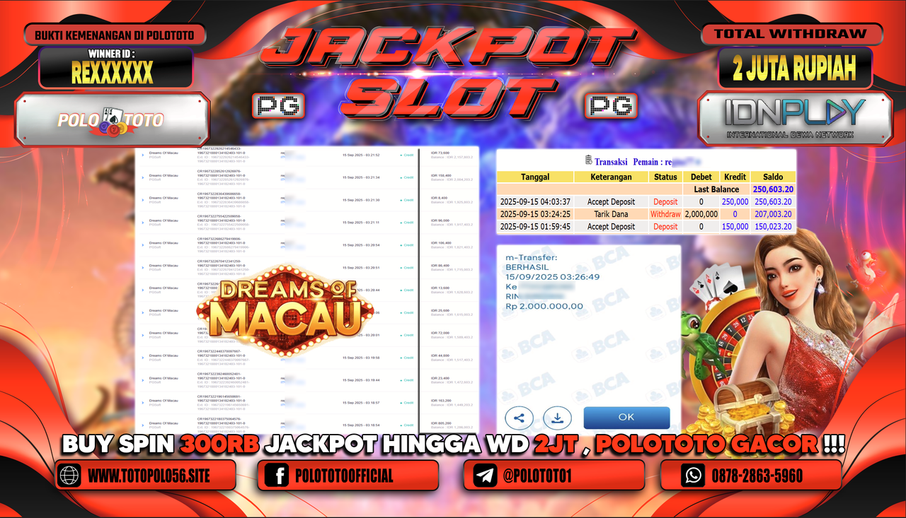 POLOTOTO JACKPOT SLOT DREAMS OF MACAU Rp.2.000.000,-