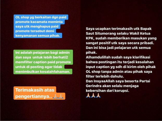 Mulan Jameela mengunggah Instagram story soal endorse kacamata GUCCI.
