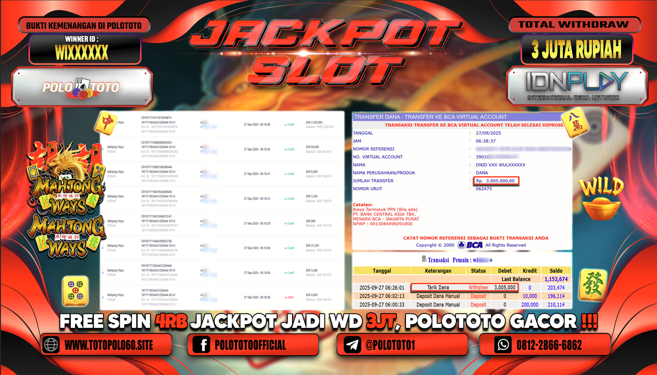POLOTOTO JACKPOT SLOT MAHJONG WAYS Rp.3.000.000,- LUNAS