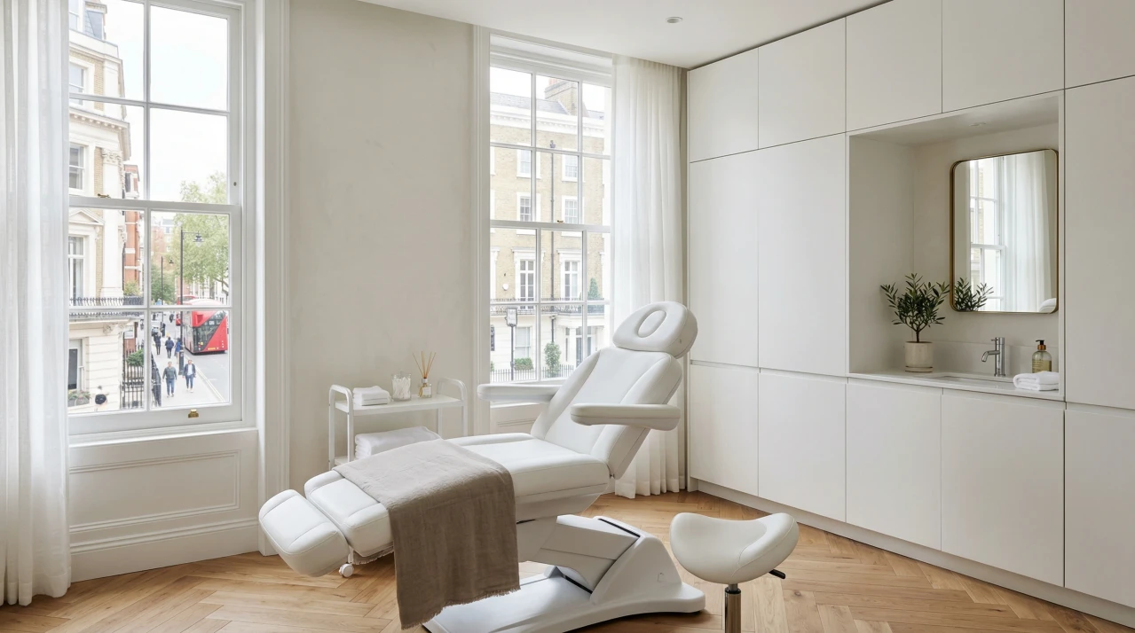 dermatology treatment space with soft lighting.